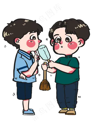 兄弟俩选工具分工打扫卫生