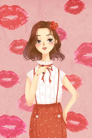 清新唇印涂口红的美妆女孩化妆场景