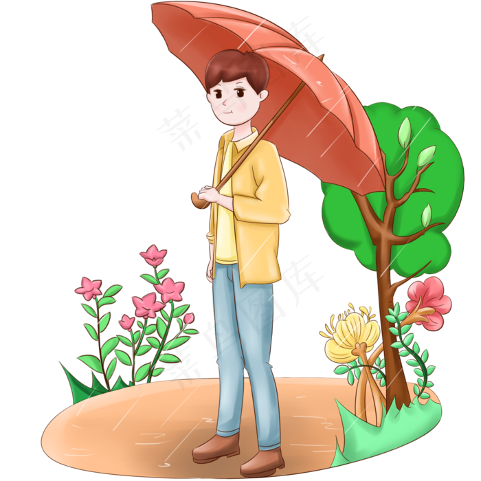 谷雨打伞的小男孩