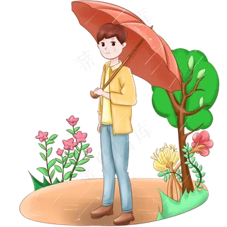 谷雨打伞的小男孩