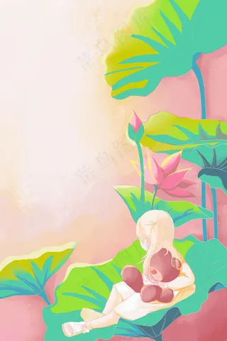 夏天荷花荷叶女孩