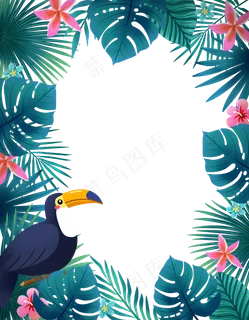 大嘴鸟和热带植物边框,免抠元素