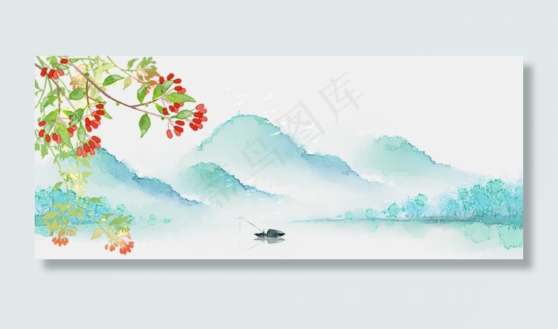 青山渔歌水墨山水风景