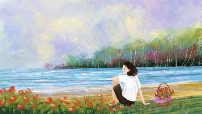 一个人在海边看海油画风景(2880*1620px 300 dpi )