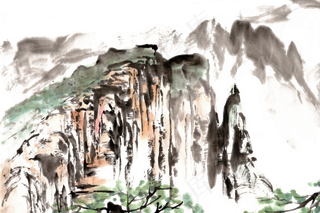 山岭群山水墨画PNG免抠素材