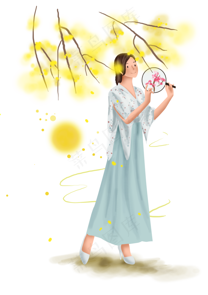 中秋节赏月看桂花的女孩,免抠元素