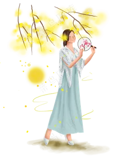 中秋节赏月看桂花的女孩,免抠元素