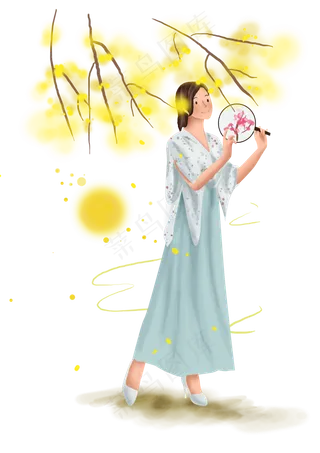 中秋节赏月看桂花的女孩,免抠元素