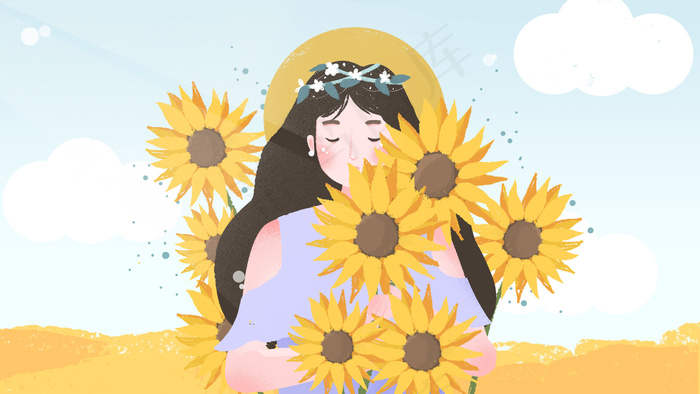 夏天向日葵孩插画banner背景