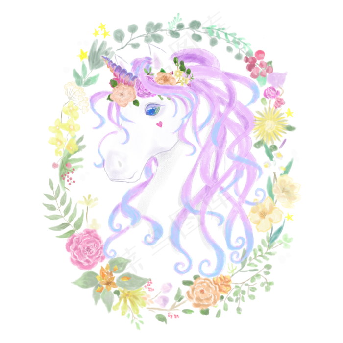 手绘风独角兽天马花环肖像