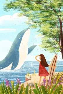海边治愈系女孩与鲸鱼天空小清新 海边治愈系女孩与鲸鱼天空小清新