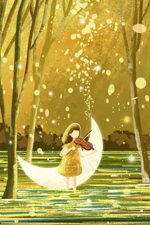 夜晚女孩拉小提琴治愈系意境风景