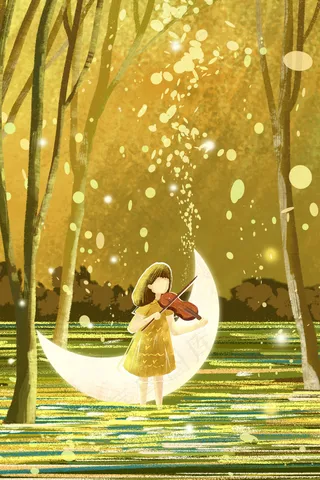 夜晚女孩拉小提琴治愈系意境风景