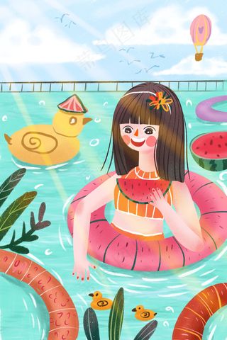 夏天夏至女孩在泳池吃西瓜卡通可爱配图