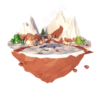 圣诞立体LowPoly飘浮小岛C4D,免抠元素