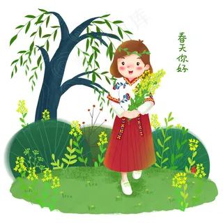 卡通手绘春天采青,免抠元素 卡通手绘春天采青,免抠元素