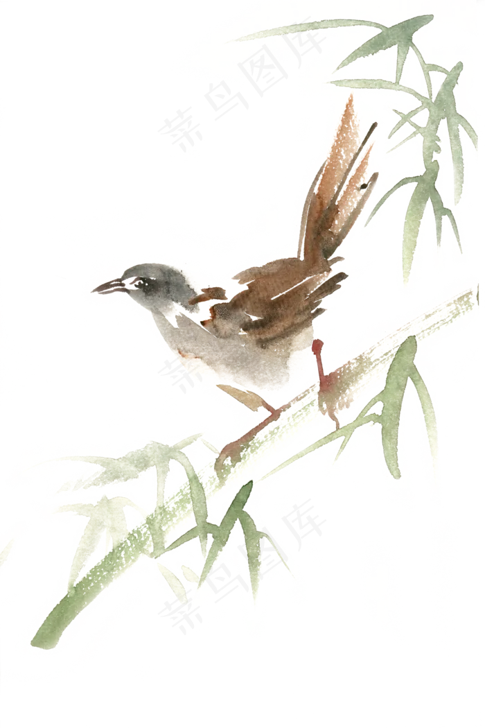 竹林中的小鸟水彩画PNG免抠素材(4724X7087(DPI:300))psd模版下载