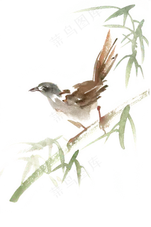 竹林中的小鸟水彩画PNG免抠素材