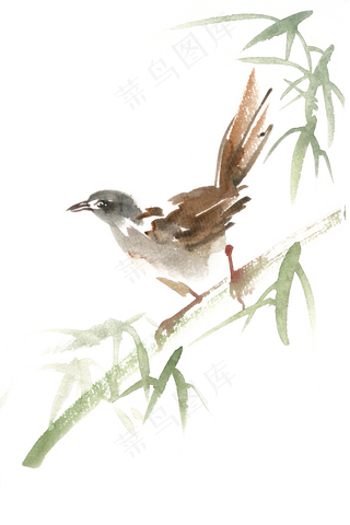 竹林中的小鸟水彩画PNG免抠素材
