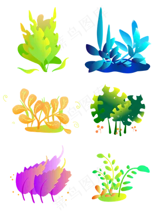 植物元素一组手绘渐变装饰植物可