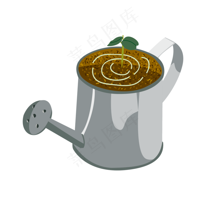 手绘矢量生长在喷壶中小树苗