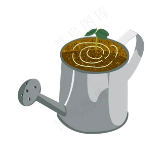 手绘矢量生长在喷壶中小树苗