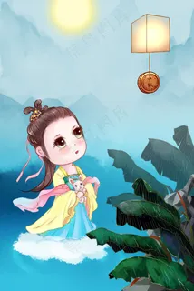 中秋节秋天月圆嫦娥玉兔放飞许愿灯