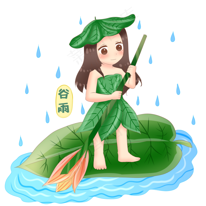 谷雨划叶子船的小女孩(2000X2000(DPI:299))psd模版下载