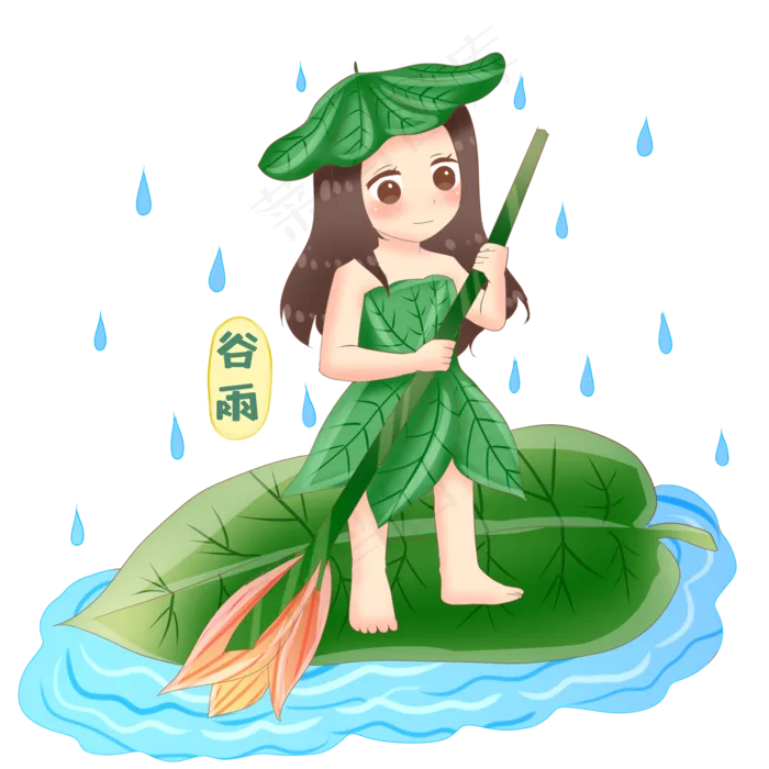 谷雨划叶子船的小女孩(2000X2000(DPI:299))psd模版下载