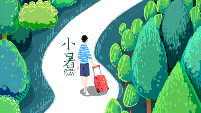蓝色系卡通手绘风小暑夏景配图(2880*1620px 300 dpi )psd模版下载