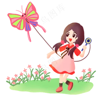放花蝴蝶风筝的女孩