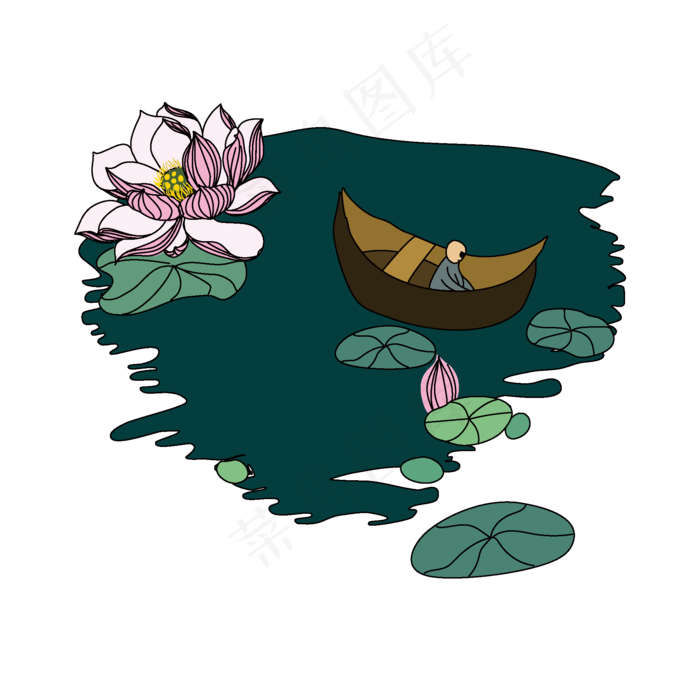 卡通动漫和尚泛舟莲花池塘元素(2000X2000(DPI:150))ai矢量模版下载