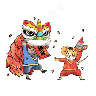 2020年春节红色喜庆水彩鼠年舞狮�,免抠元素