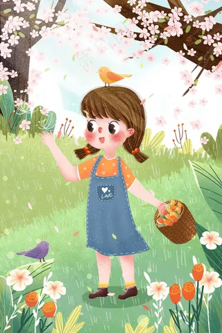 小清新童趣女孩郊游采花