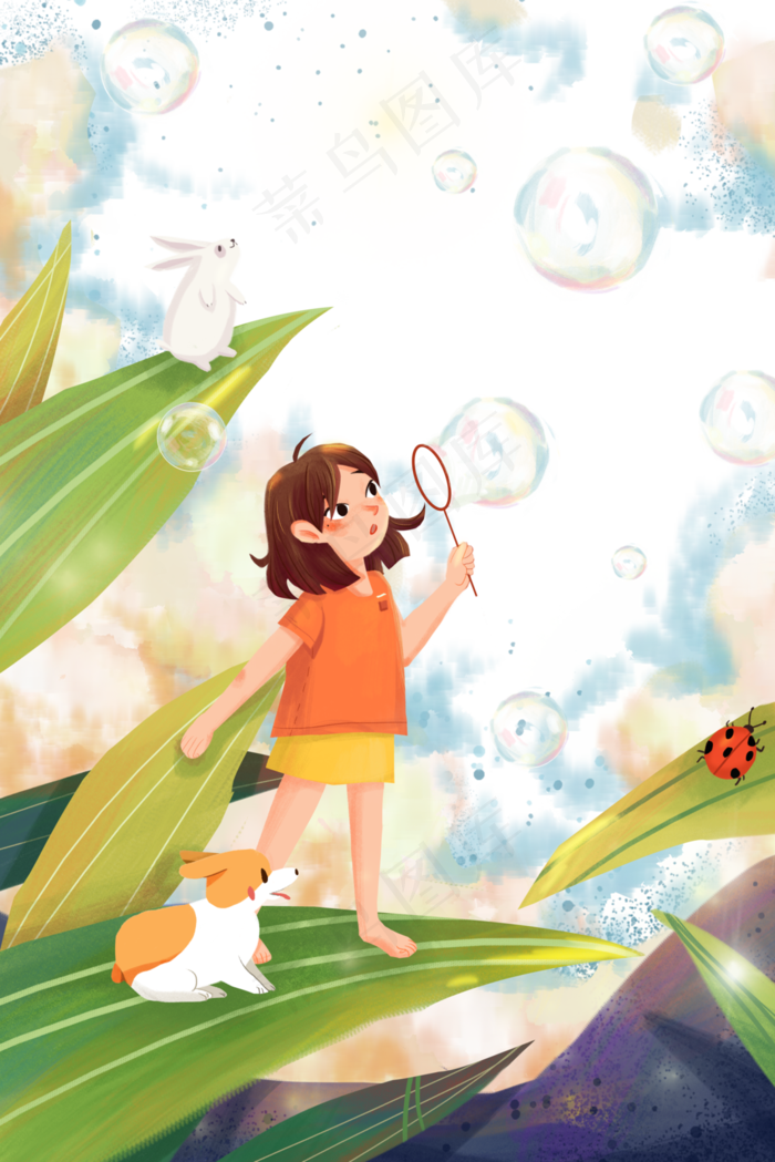 女孩兔子狗吹泡泡植物,免抠元素(3545X5315(DPI:300))psd模版下载