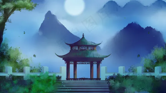 中国风登山阶梯月下山中凉亭远山古风场景 中国风登山阶梯月下山中凉亭远山古风场景