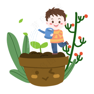 植树节卡通男孩浇水PNG素材