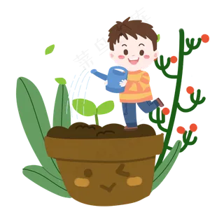 植树节卡通男孩浇水PNG素材