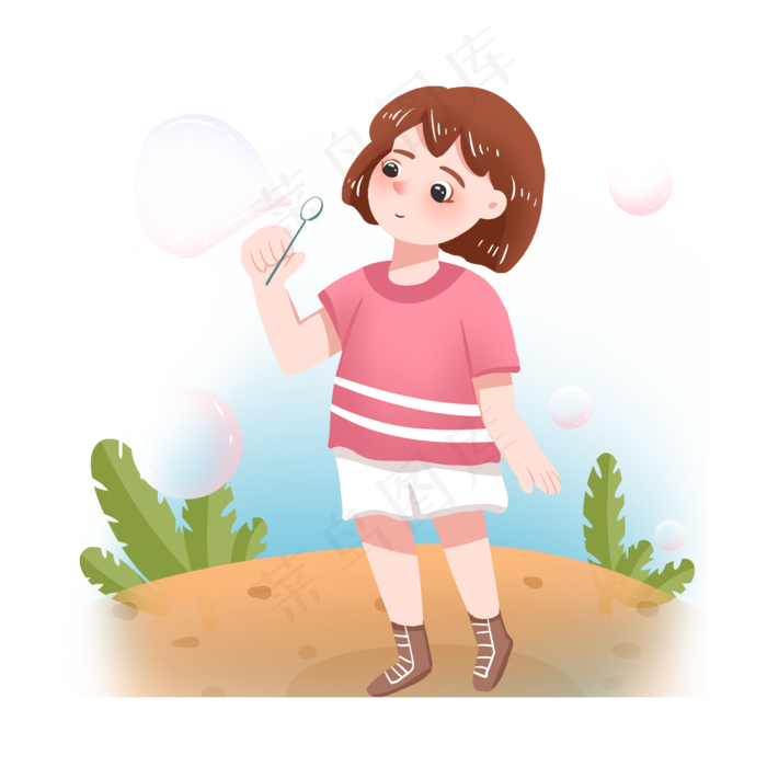 儿童节女孩吹彩色泡泡PNG