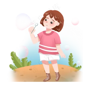 儿童节女孩吹彩色泡泡PNG