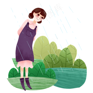 谷雨淋雨的小女孩