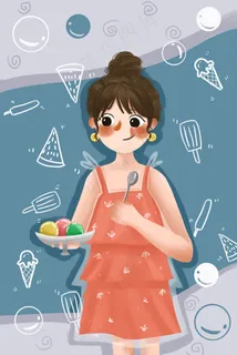 夏天夏季女孩吃冰激凌清凉夏至初夏大暑
