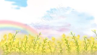 油菜花田元素彩虹云朵油菜花,免抠元素