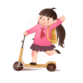 卡通女孩滑板车上学