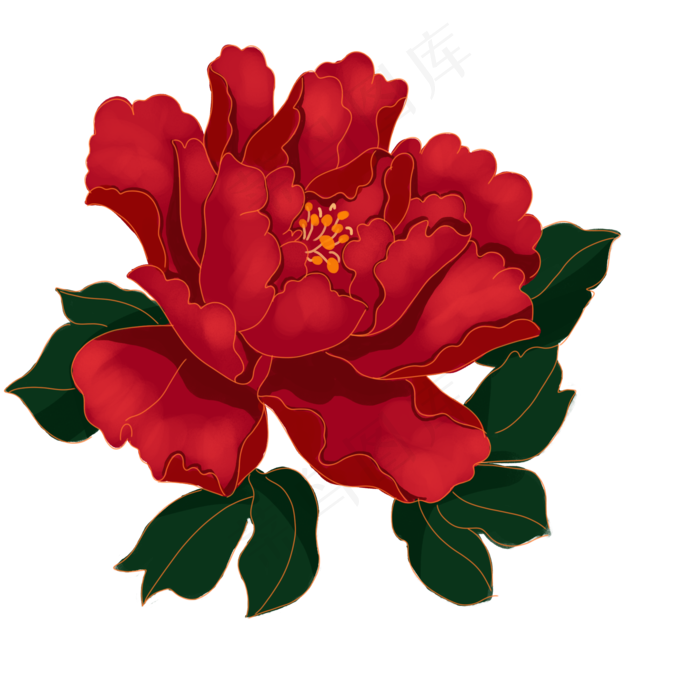 中秋节复古红色金边牡丹花,免抠元素(2000*2000px 300 dpi )psd模版下载