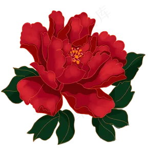 中秋节复古红色金边牡丹花,免抠元素