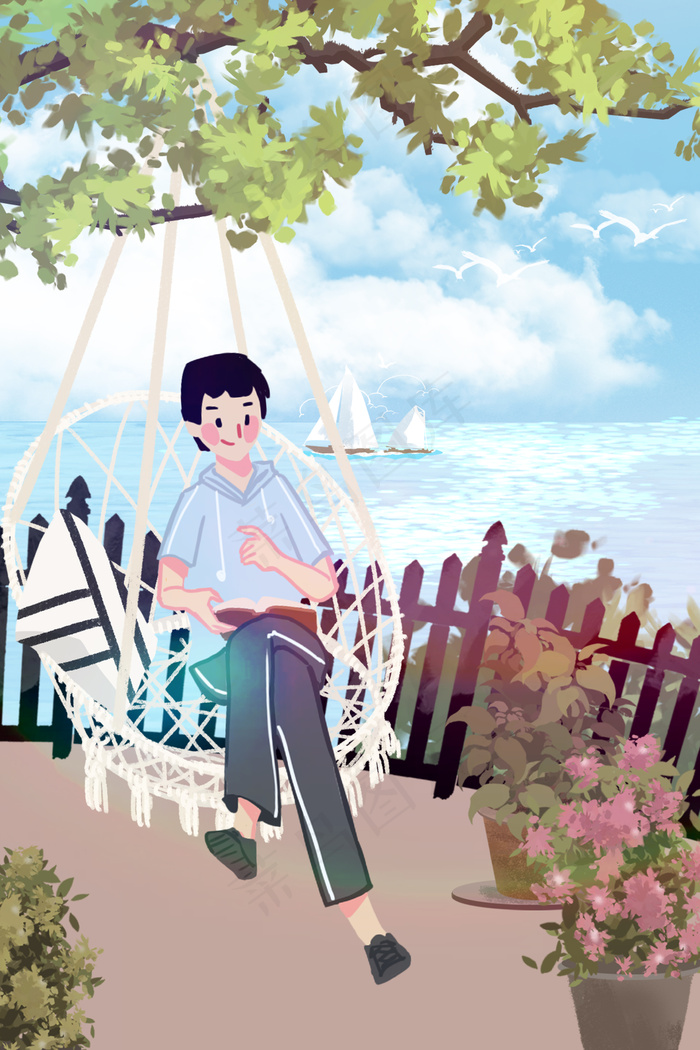 五月你好阳台看书男孩