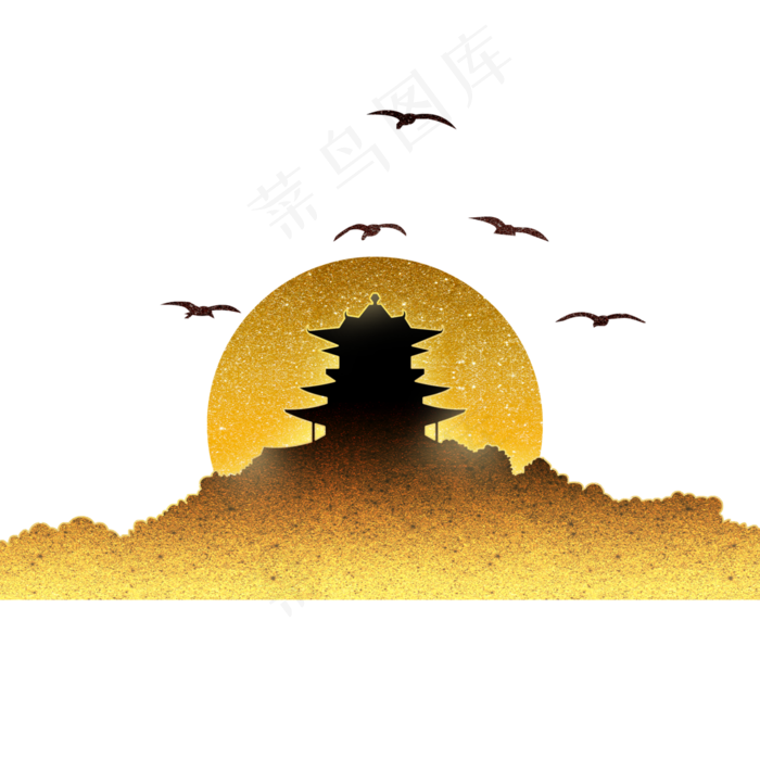 黑金亭子日出国画风(3000X3000(DPI:300))psd模版下载