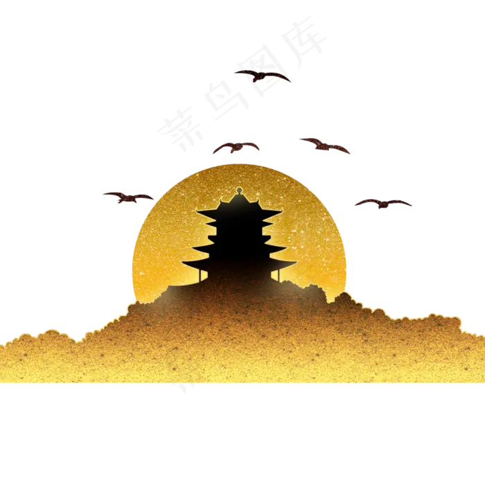黑金亭子日出国画风(3000X3000(DPI:300))psd模版下载