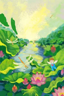 夏景立夏夏日绿色荷花池男孩蜻蜓 夏景立夏夏日绿色荷花池男孩蜻蜓